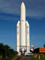 Kourou/French Guiana: Model of Ariane 5 in the space center