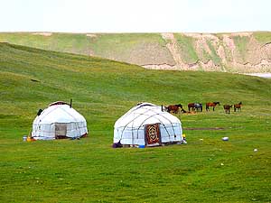 Weisse Jurten der halbnomadischen Hirten zwischen Kyzyl-Art-Pass und Sari Tash