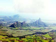 Mauritius (South): Typical steep mountains rising from the sugar cane fields